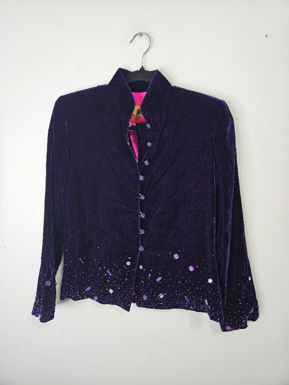 Shanghai Tang Mandarin Velvet Jacket Women's Sz 6 Purple Embellished Evening
